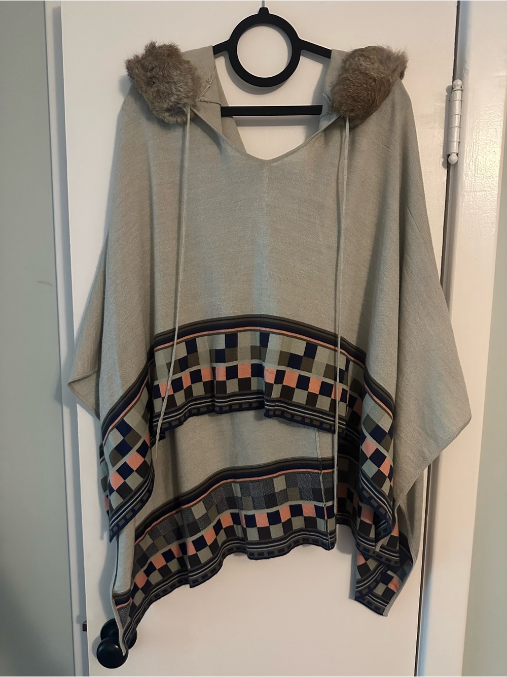 LaRok Beige Poncho with Faux Fur Hood and Geometric Trim